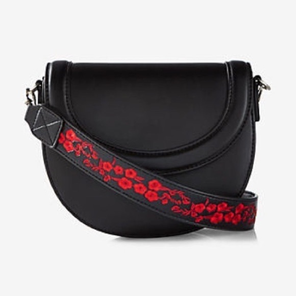 Express Handbags - 🌸 Express Black Floral Embroidered Strap Vegan Leather Saddle Crossbody Bag